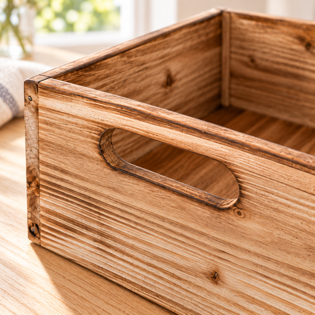 Three rustic wood storage crates showing product details in soft daylight