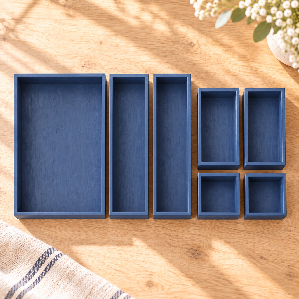 Navy bamboo drawer organizer from a seven-piece set in a bright alternate product view