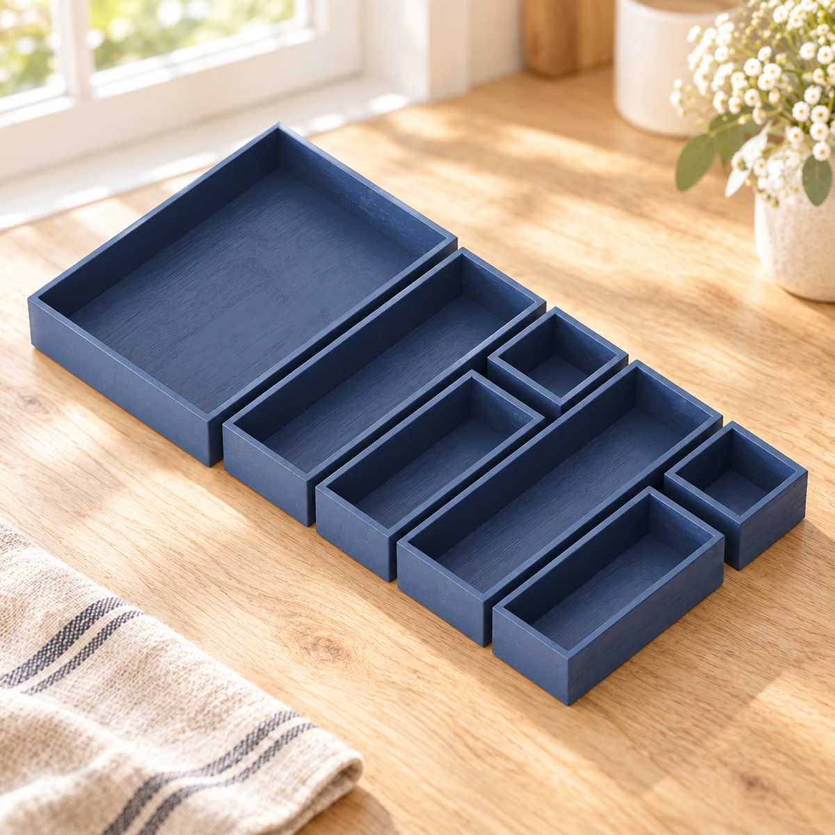 Seven navy blue bamboo drawer organizer bins on a bright cream surface