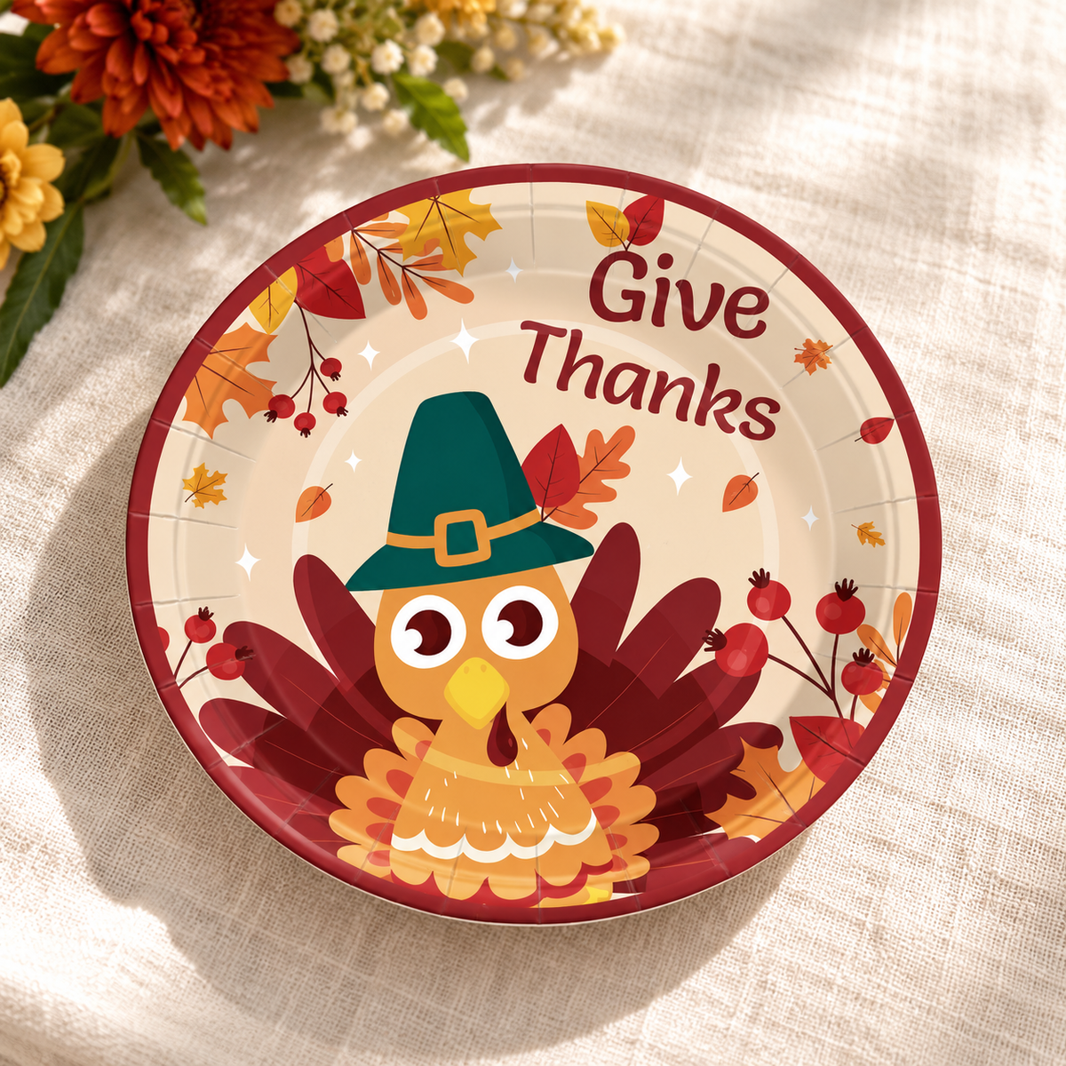 Give Thanks turkey plate face on ivory linen with autumn flowers. Styling is not included.