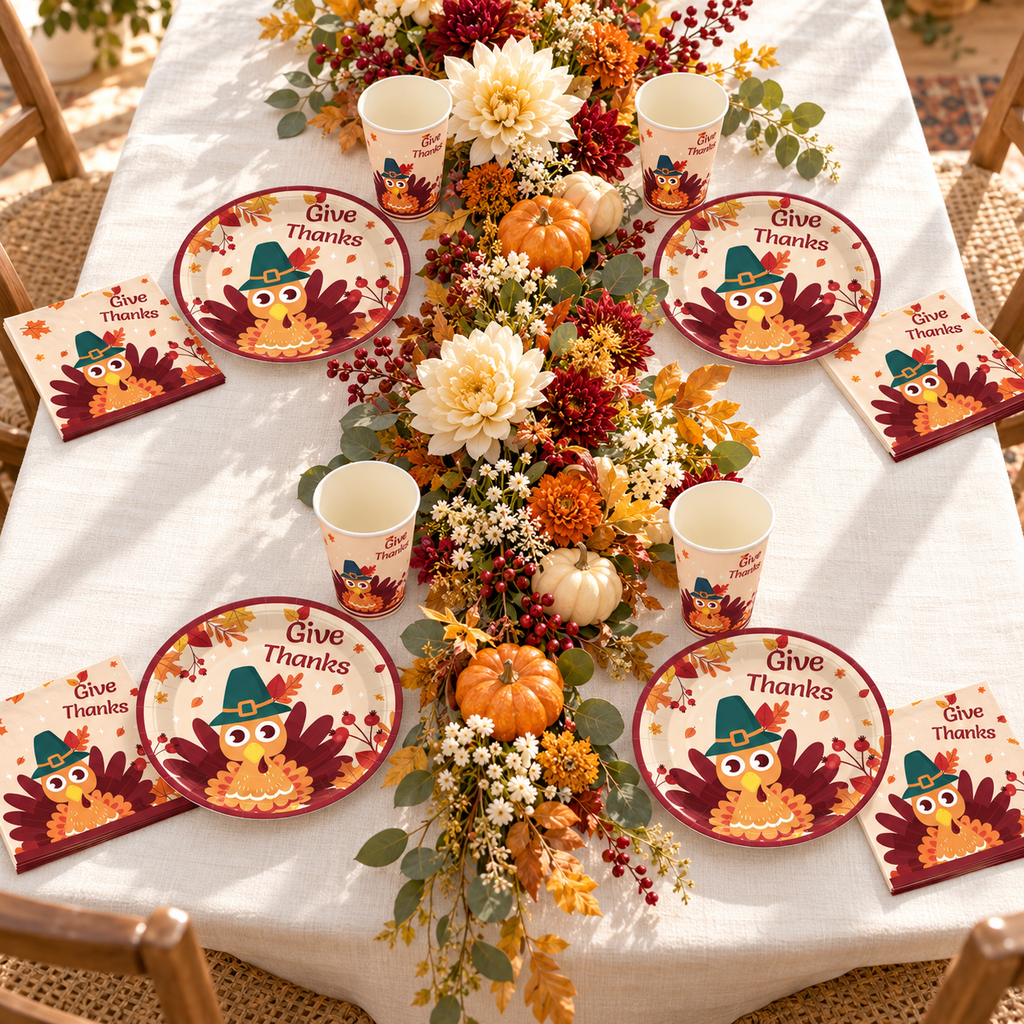 Give Thanks turkey plates, printed cups and folded napkins arranged around autumn flowers on ivory linen. Decorative styling is not included.