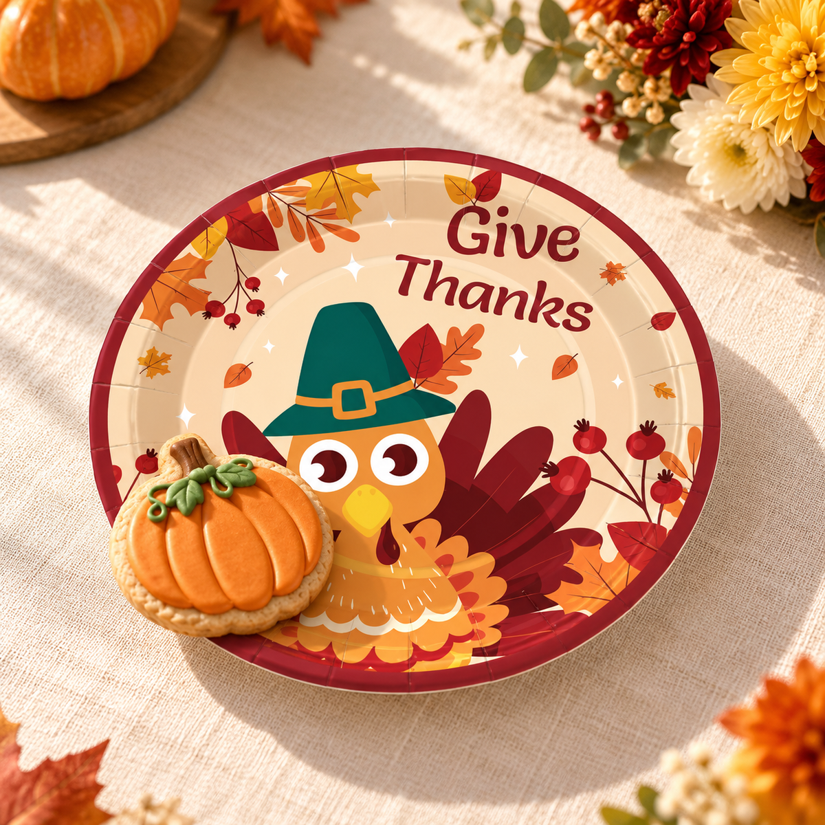 Give Thanks turkey plate holding a pumpkin cookie on ivory linen. Food and decorative styling are not included.