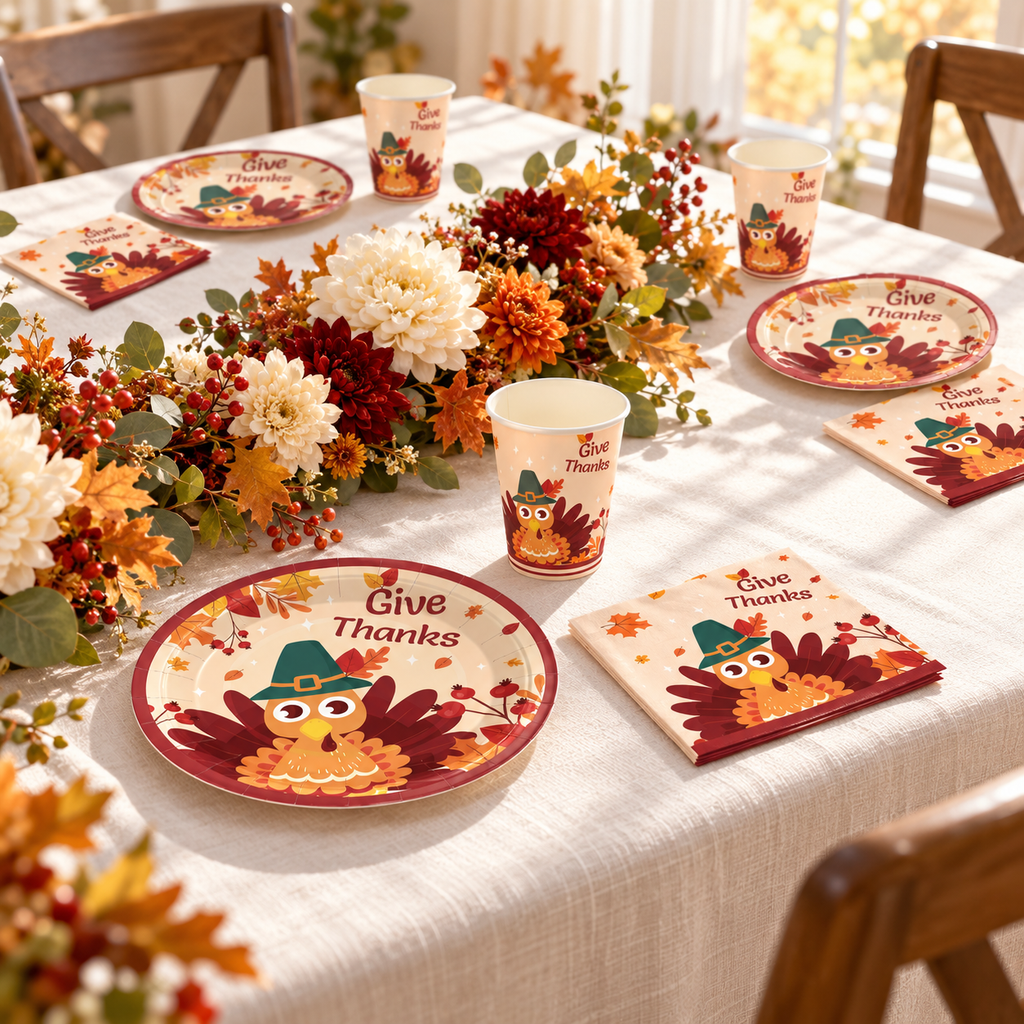 Give Thanks turkey plates, printed cups and folded napkins on a sunlit dining table with an autumn floral centerpiece. Decorative styling is not included.