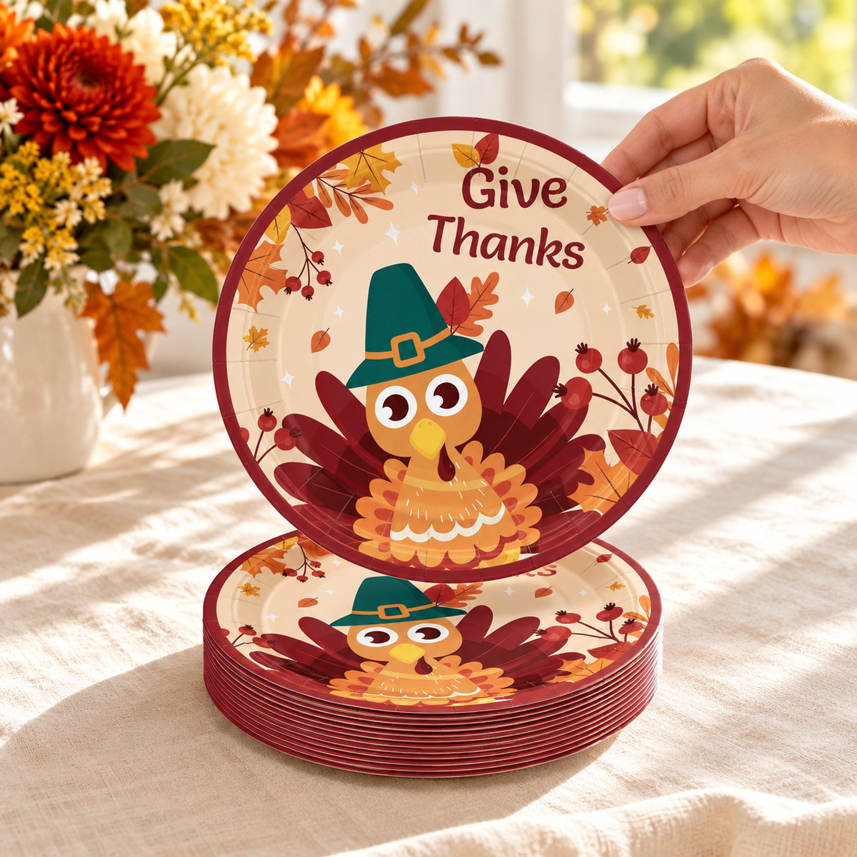 A guest lifting a face-up Give Thanks turkey plate above a matching stack. Representative arrangement; decorative styling is not included.