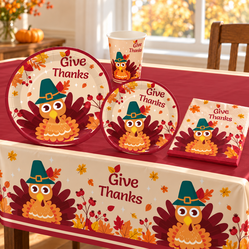Representative printed tableware and table-cover display from the 102-piece Thanksgiving set; not all pack pieces shown. Background styling is not included.
