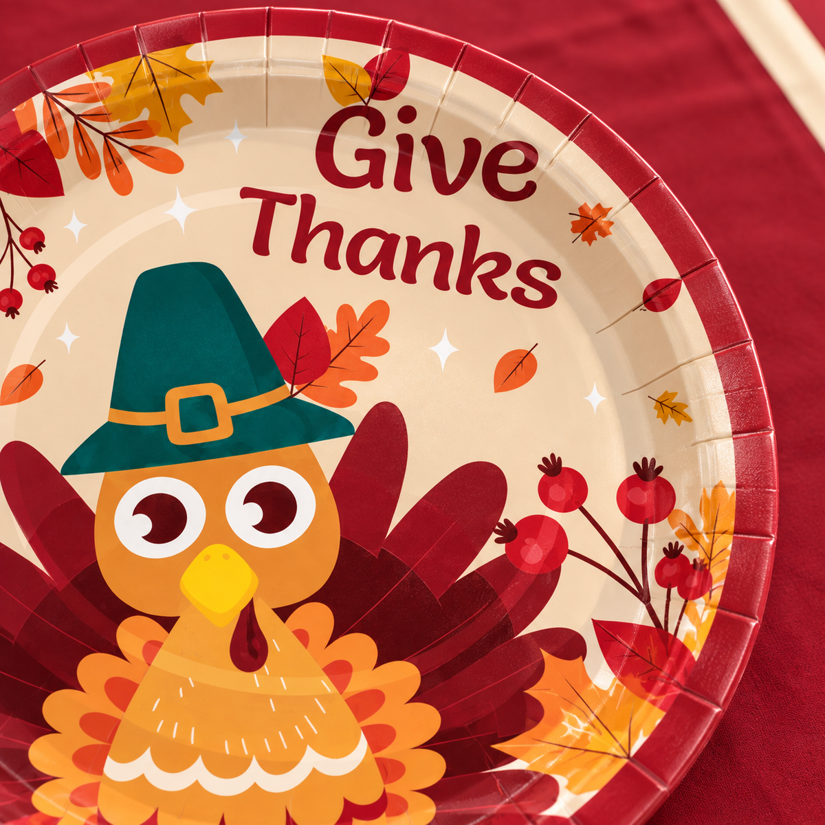 Close view of the turkey, autumn-leaf and Give Thanks print from the Thanksgiving tableware set; representative detail, not all 102 pieces shown.