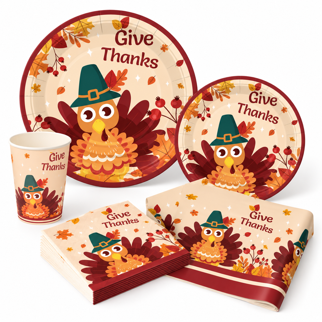 Representative Give Thanks turkey tableware assortment on white: large and small plates, printed cup, napkins and folded table cover. Not all 102 pieces are shown.