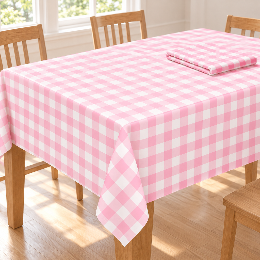 Two matching light pink gingham tablecloths, one spread over the table and the second folded; table and room setting not included.