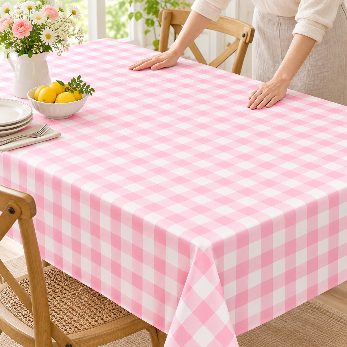 Hands smoothing the light pink and white gingham tablecloth; one of the two covers shown, tableware and decorations not included.