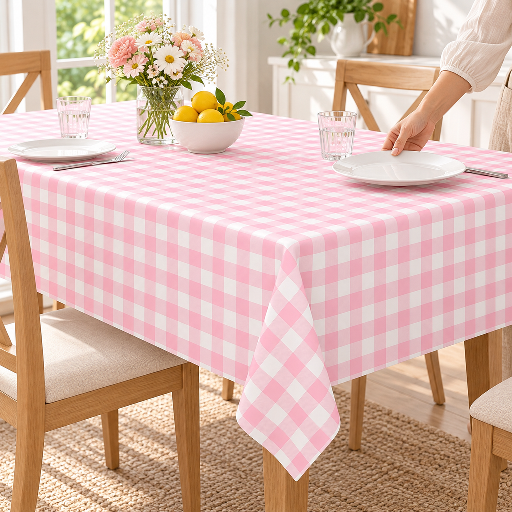 Setting a plate on the pink gingham tablecloth; two tablecloths per pack. Table, plates, glasses and decorations not included.