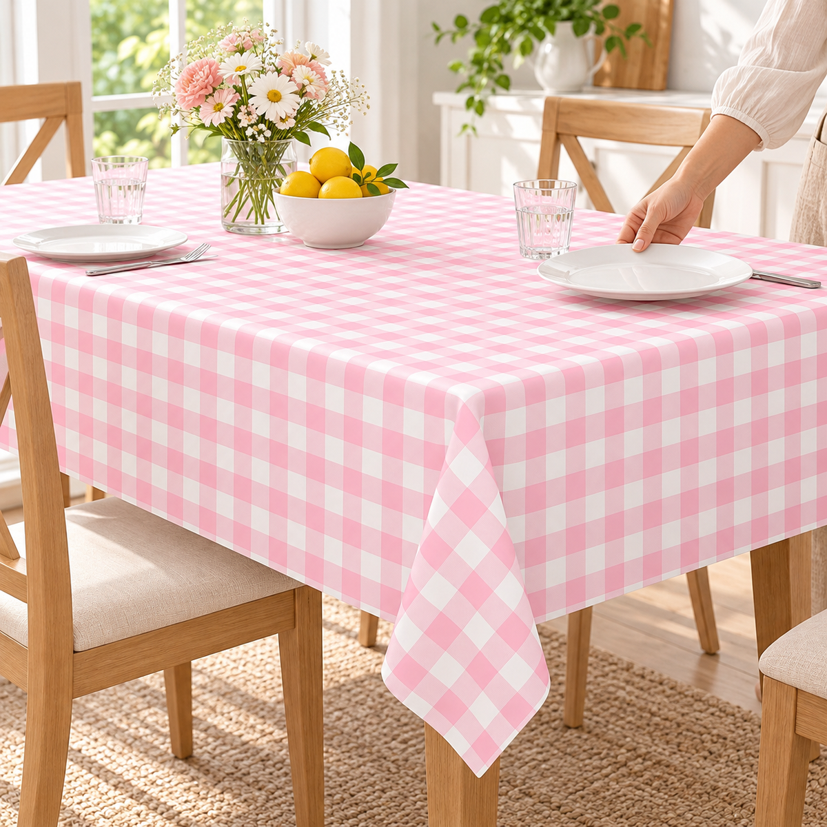 Setting a plate on the pink gingham tablecloth; two tablecloths per pack. Table, plates, glasses and decorations not included.