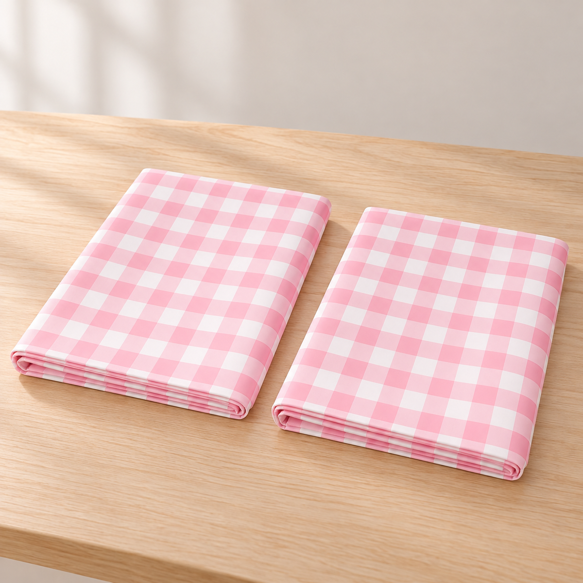 The matching pair of light pink and white gingham rectangular tablecloths folded separately on a table; table not included.