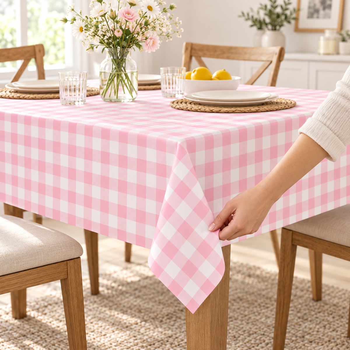 Hand straightening the pink gingham tablecloth corner and hanging edge; one of two matching tablecloths shown. Table and styling not included.