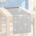 Silver square-pattern disco-style table runner displayed on a bright table; representative view from the set of three. Table and styling accessories are not included.