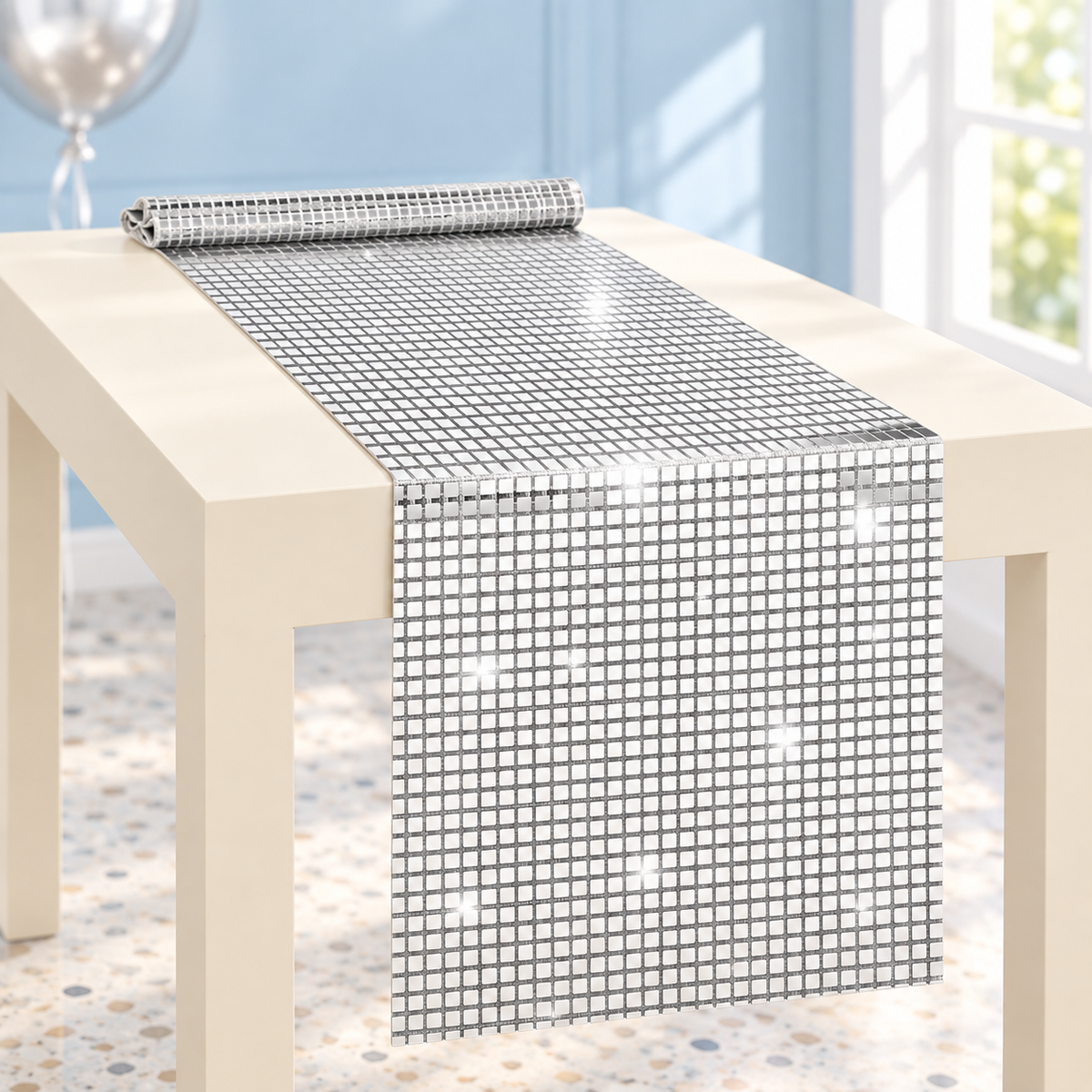 Silver square-pattern disco-style table runner displayed on a bright table; representative view from the set of three. Table and styling accessories are not included.