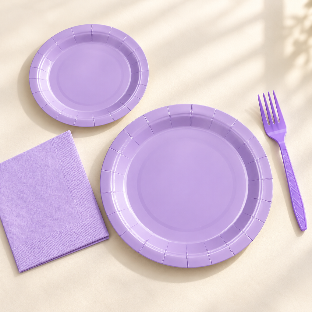 Representative lavender large plate, small plate, napkin and purple fork from the 100-piece party set for 25 guests; not all pieces shown.