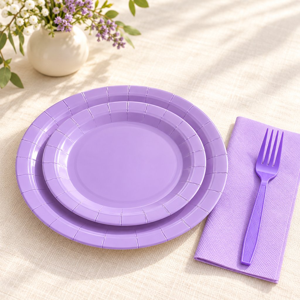 Representative layered lavender place setting with two plate sizes, napkin and purple fork; 100 pieces for 25 guests. Flowers and table styling not included.