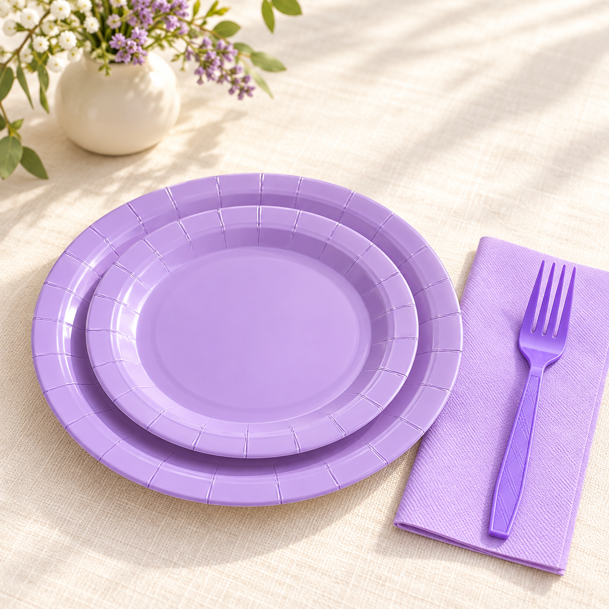 Representative layered lavender place setting with two plate sizes, napkin and purple fork; 100 pieces for 25 guests. Flowers and table styling not included.