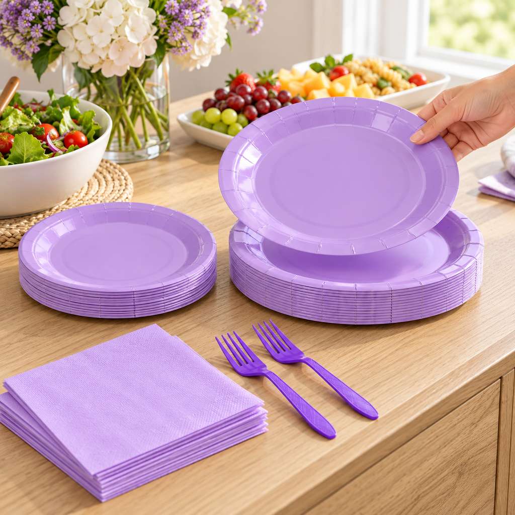 Hand taking a lavender plate from a representative buffet arrangement of two plate sizes, napkins and purple forks; not all 100 pieces shown. Food and flowers not included.