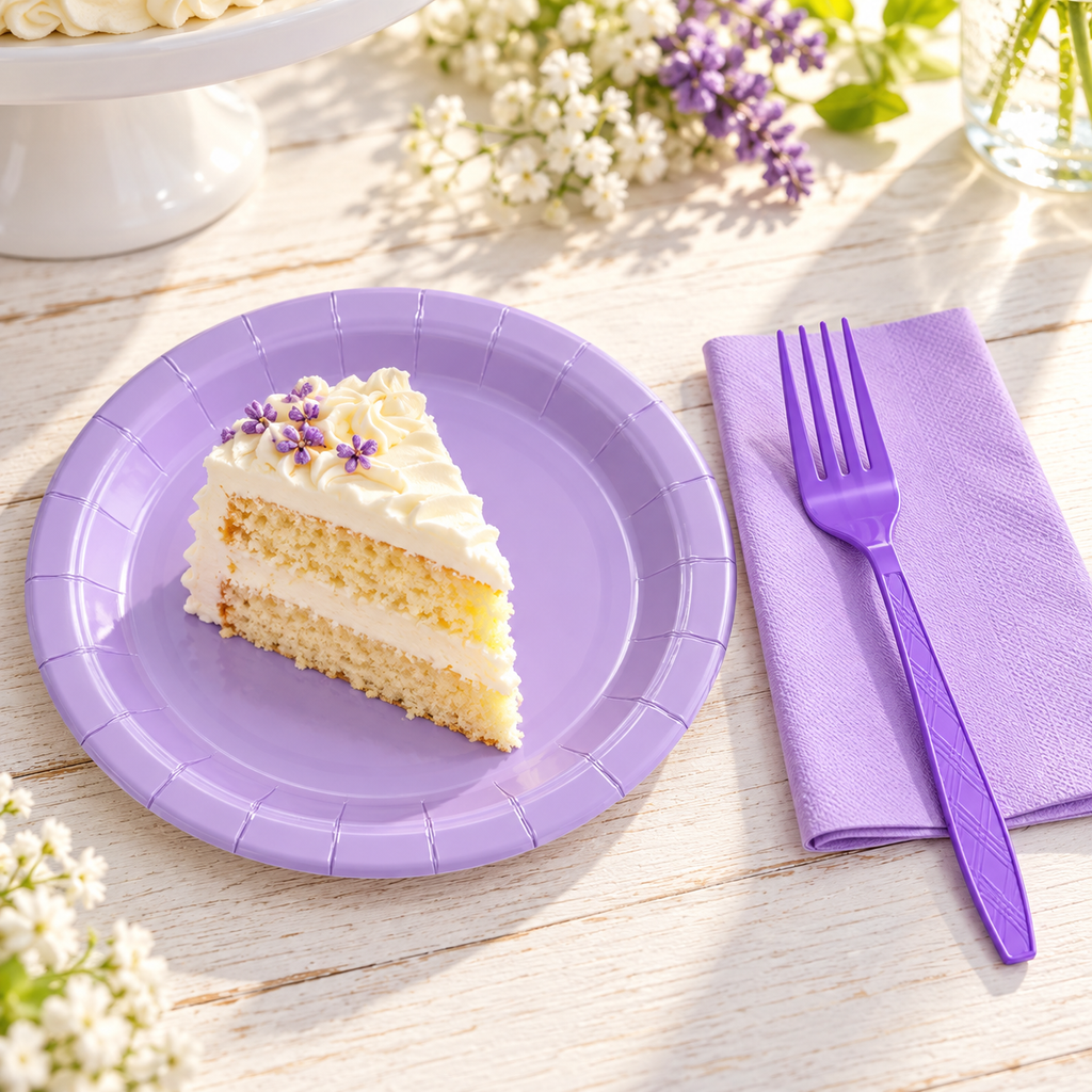 Small lavender plate with purple fork and napkin in a dessert setting; representative pieces from the 100-piece set. Cake and decorations not included.