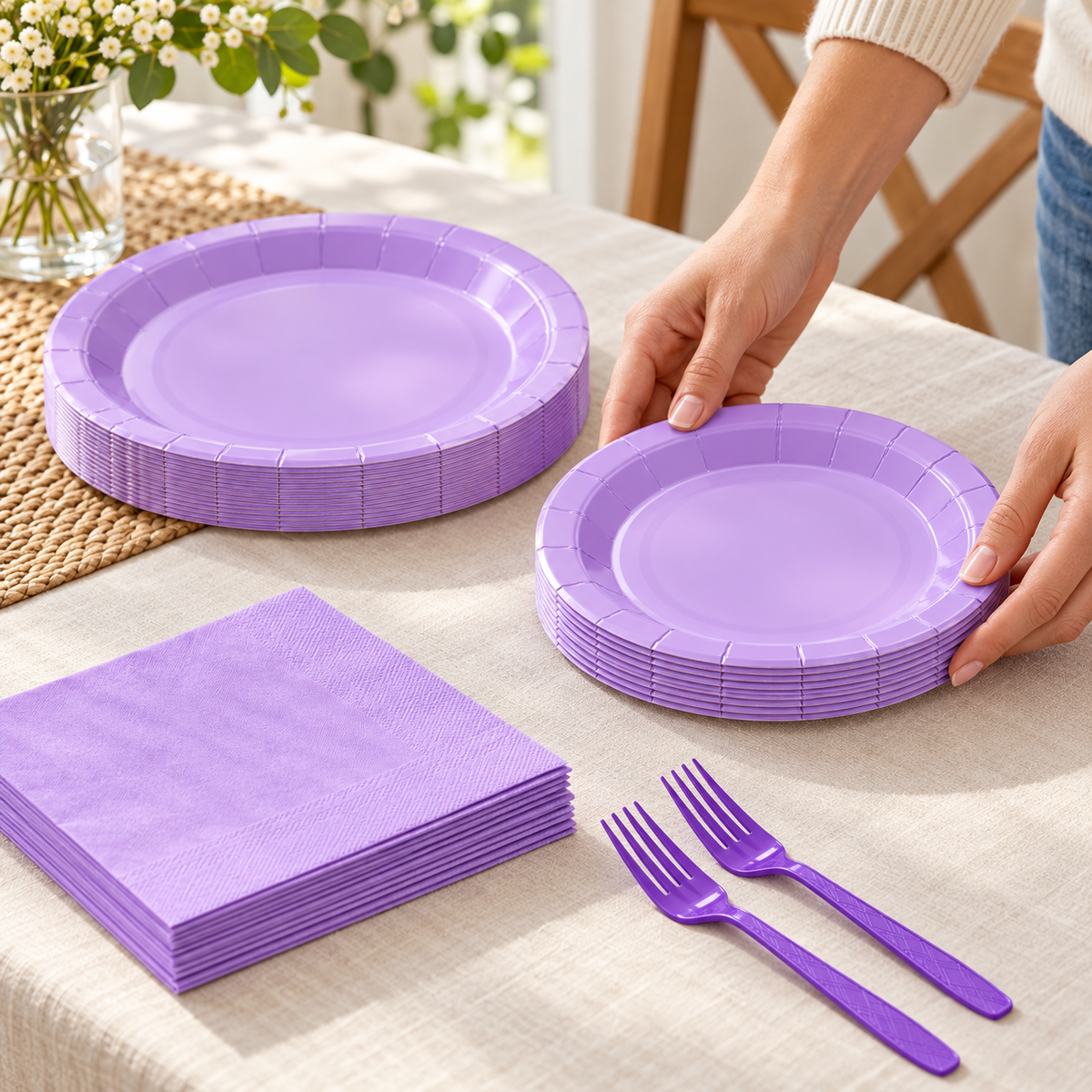 Hands stacking lavender plates beside matching napkins and purple forks; representative quantity from the 100-piece party set for 25 guests. Table and flowers not included.
