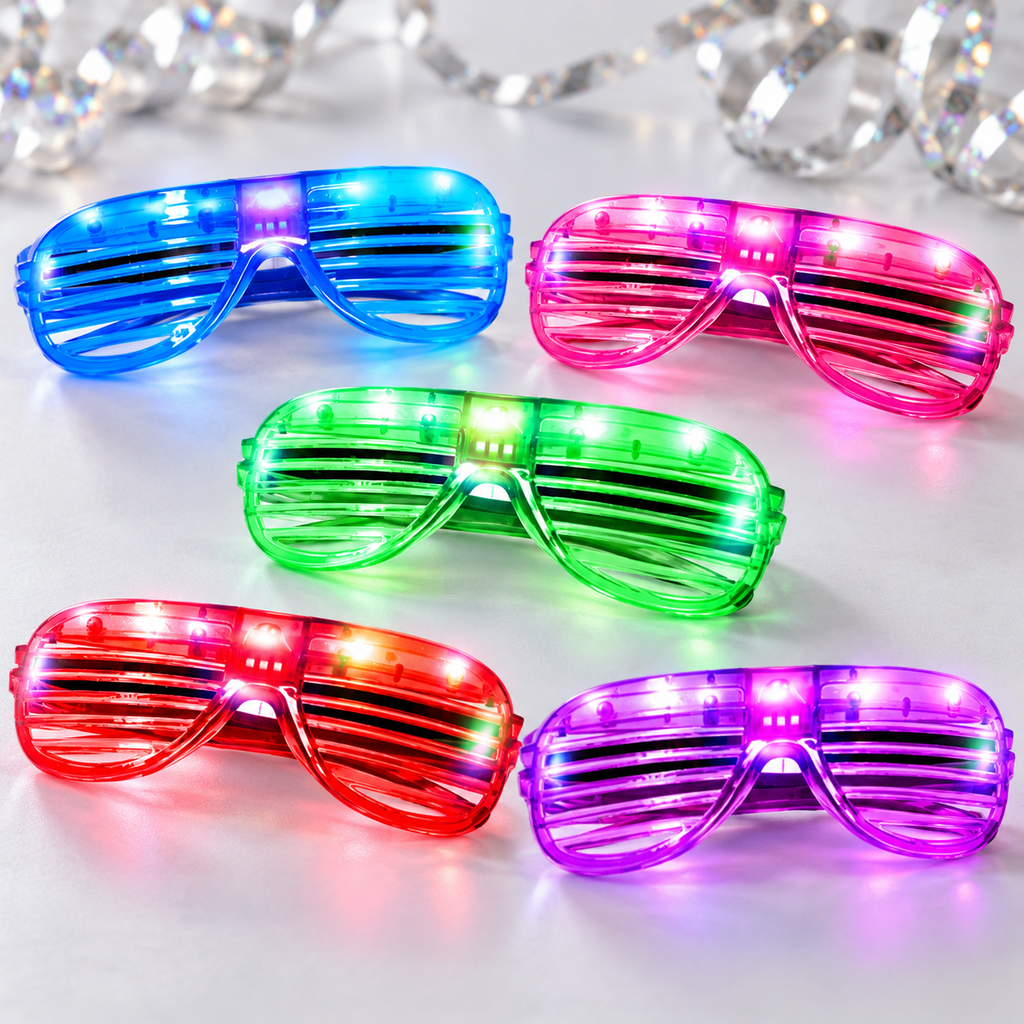 Representative selection of colorful LED shutter-style party glasses from the 50-pack; not all pairs shown. Background styling is not included.