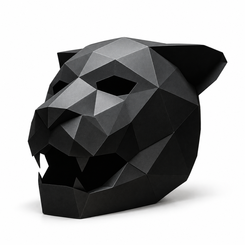 Black faceted animal costume mask, complete three-quarter view on white.