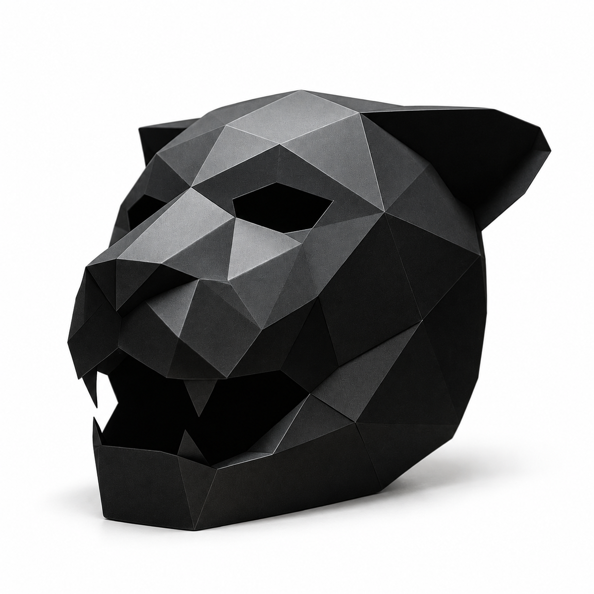 Black faceted animal costume mask, complete three-quarter view on white.