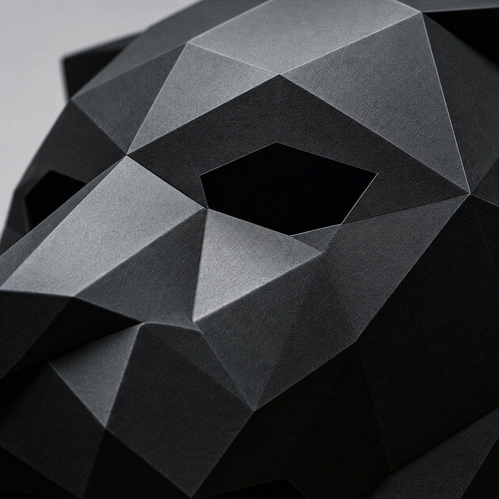 Close view of the black faceted mask's eye opening, nose bridge and cheek planes.
