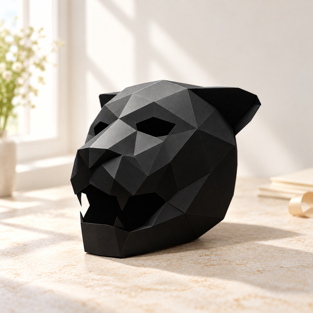 Representative black faceted feline-style costume mask with pointed ears on a bright background; display styling not included.