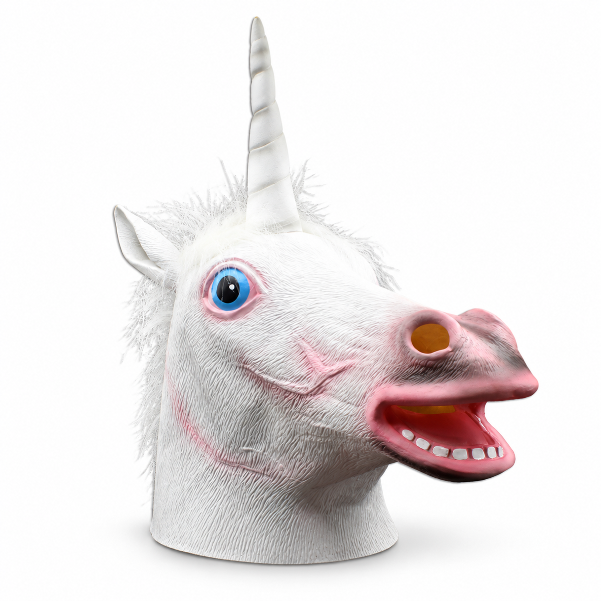 White unicorn horse-head costume mask with spiral horn, blue eye and pink muzzle, three-quarter view on white.