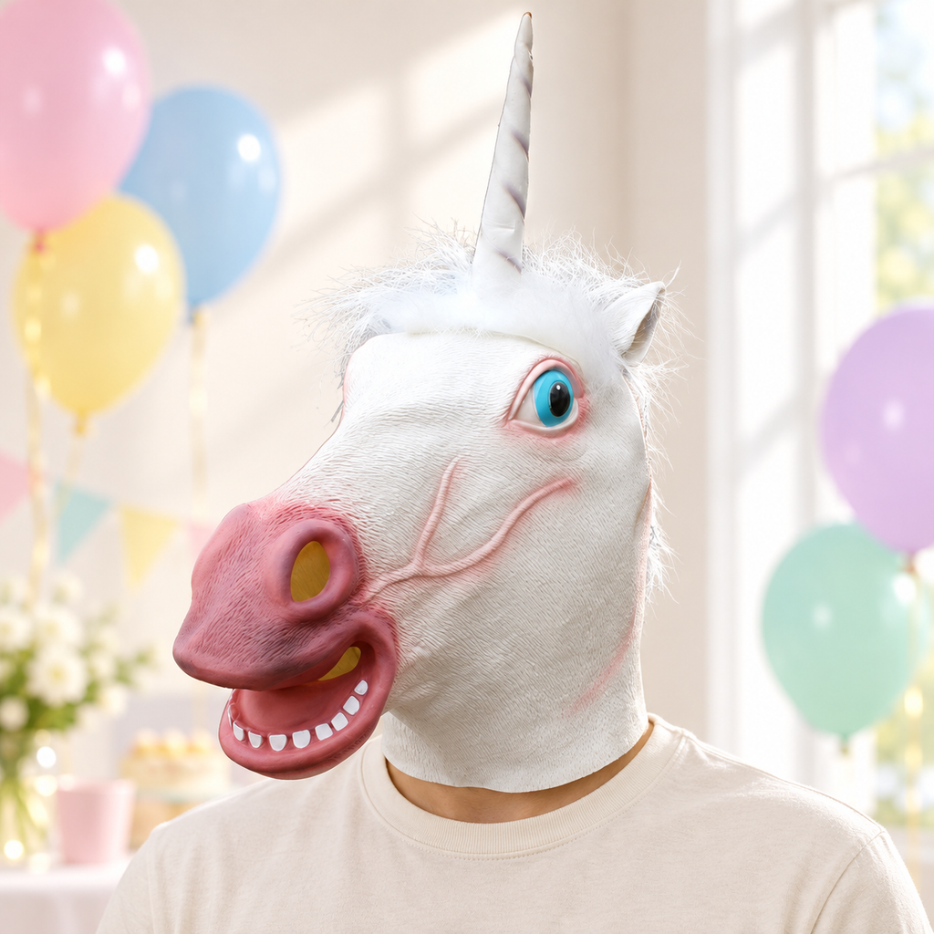 White unicorn mask worn by an adult, opposite three-quarter party portrait; clothing and props not included.