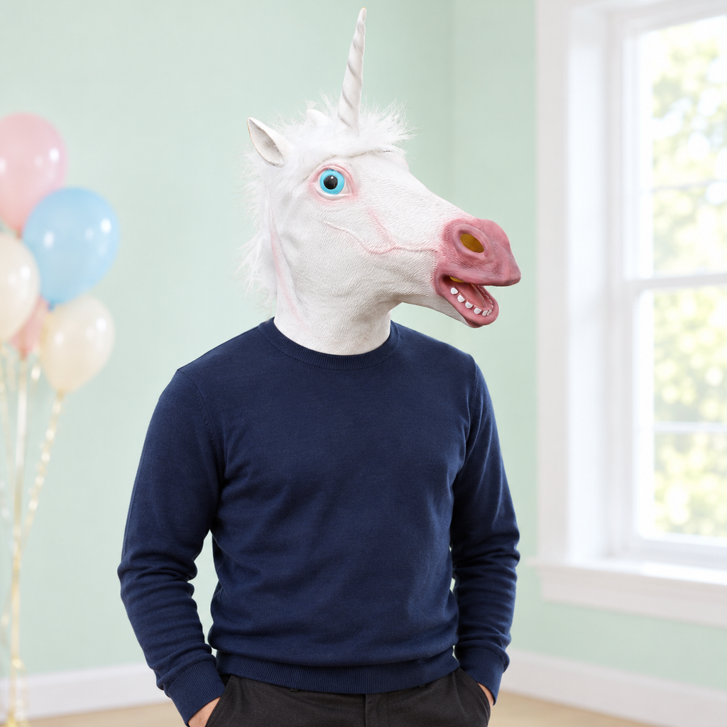 Adult wearing the white unicorn mask with a plain navy outfit in a bright room; clothing and props not included.