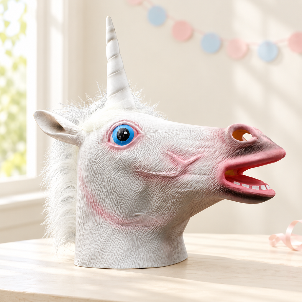 White unicorn horse-head costume mask with spiral horn, blue eyes and pink muzzle on a bright background; styling props not included.