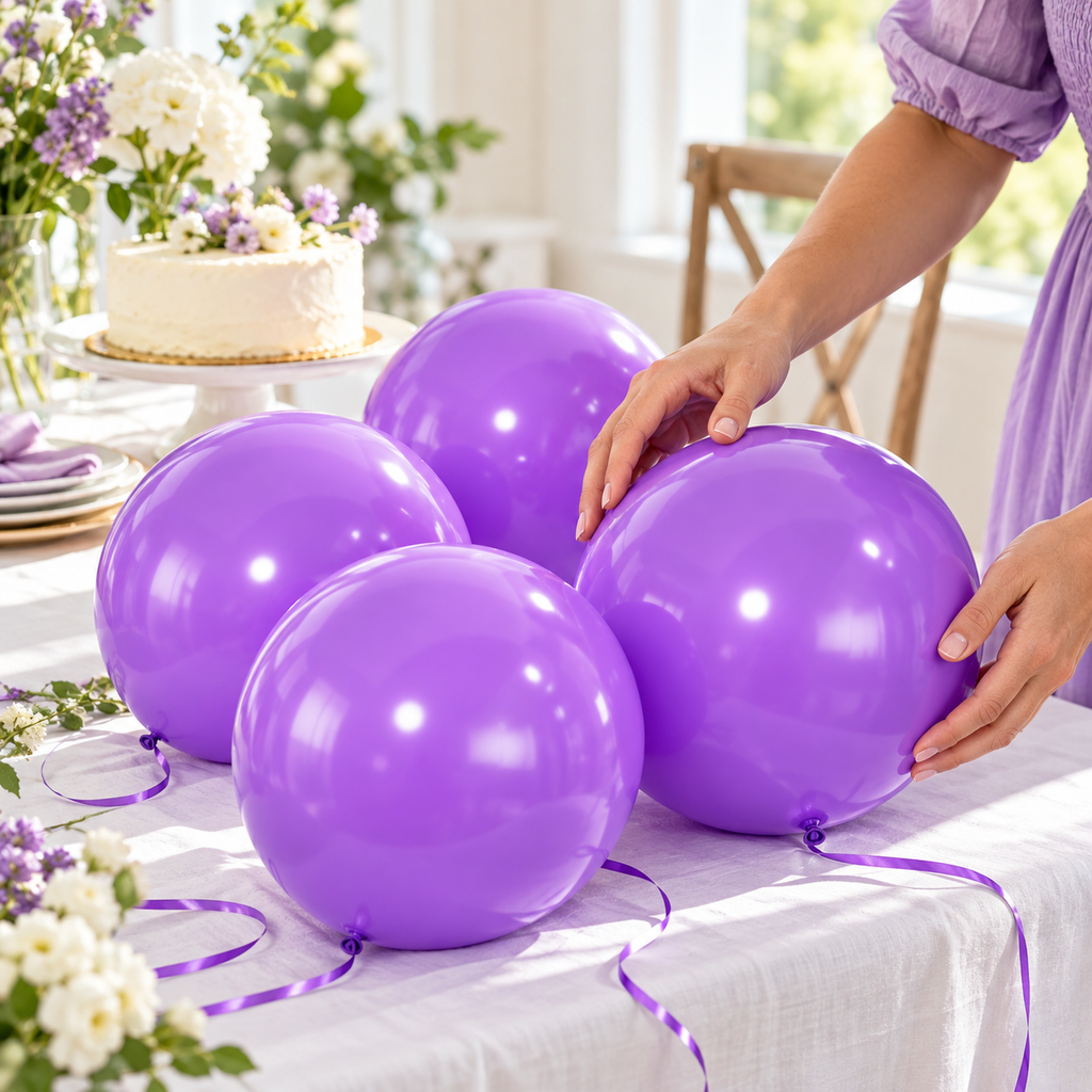 Adult arranging a representative purple balloon group beside a dessert table; styling props not included.