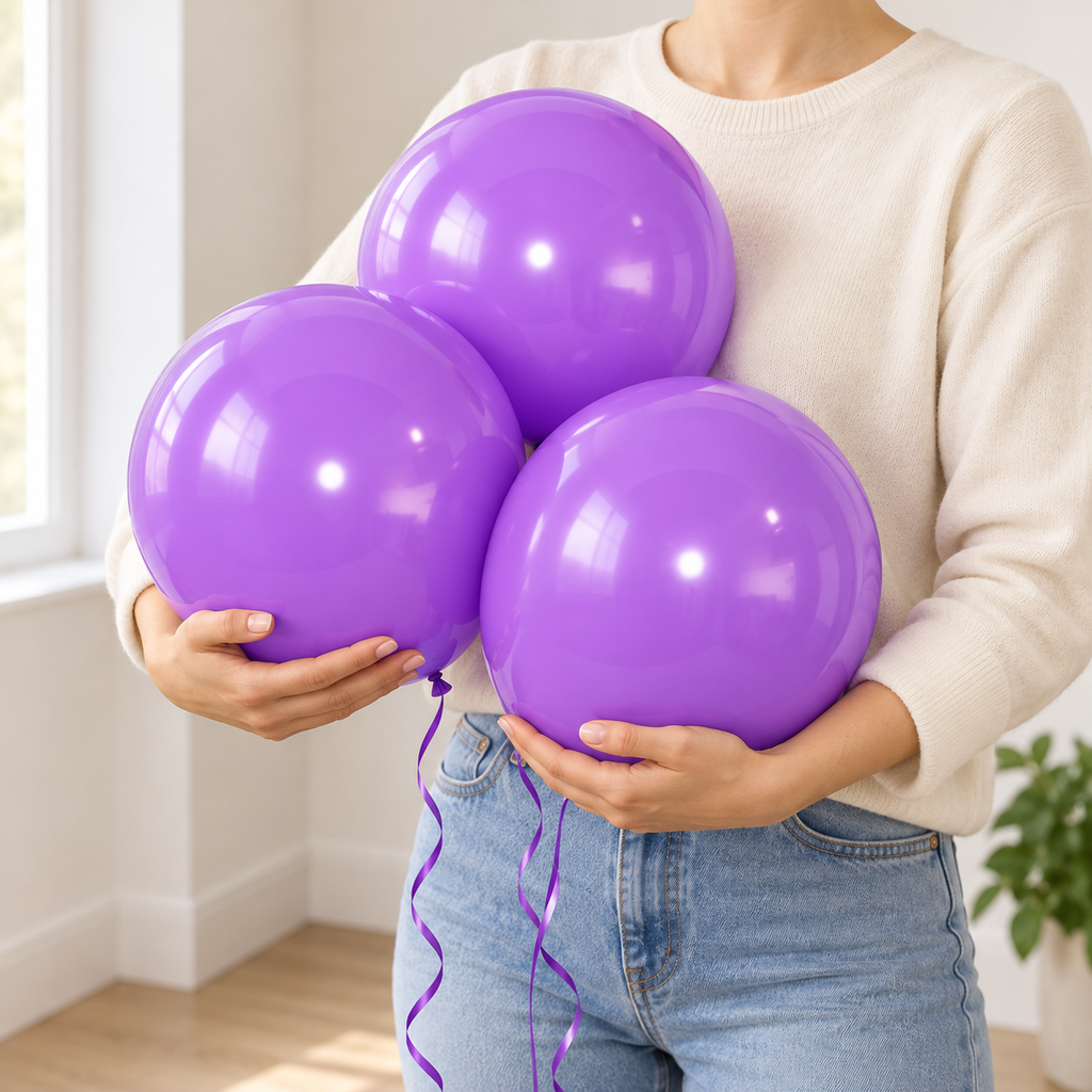 Adult carrying a representative purple balloon group supported in their arms; partial set shown.