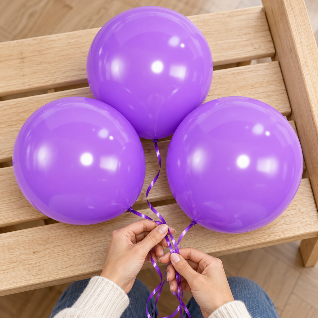 Adult gathering matching ribbons beside representative purple balloons resting on a bench.