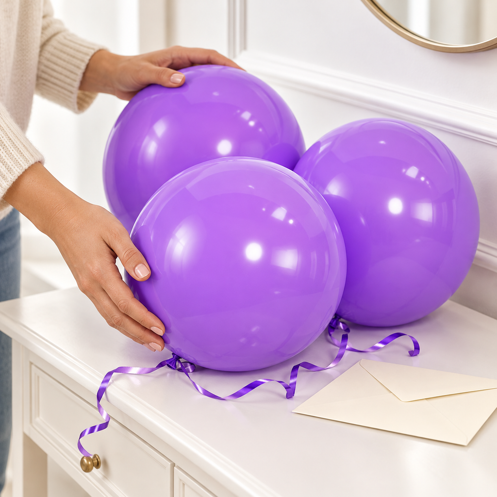 Representative purple balloons being arranged on an entry console; styling props not included.