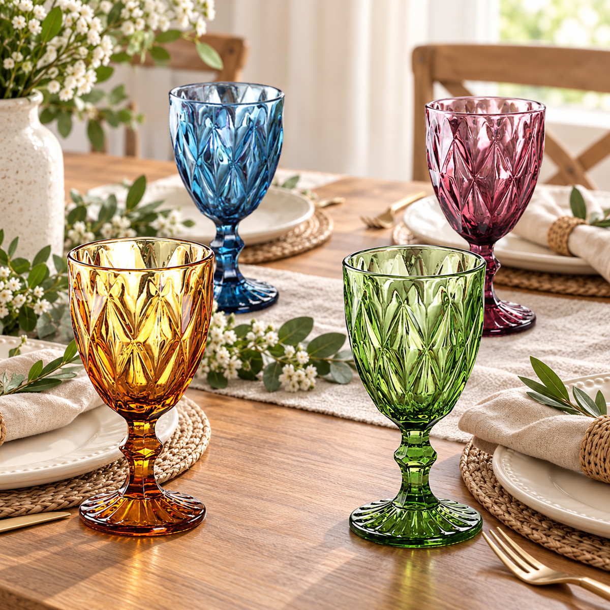 Set of four diamond-textured goblets in amber, green, blue and pink-purple at four dining settings; tableware is not included.