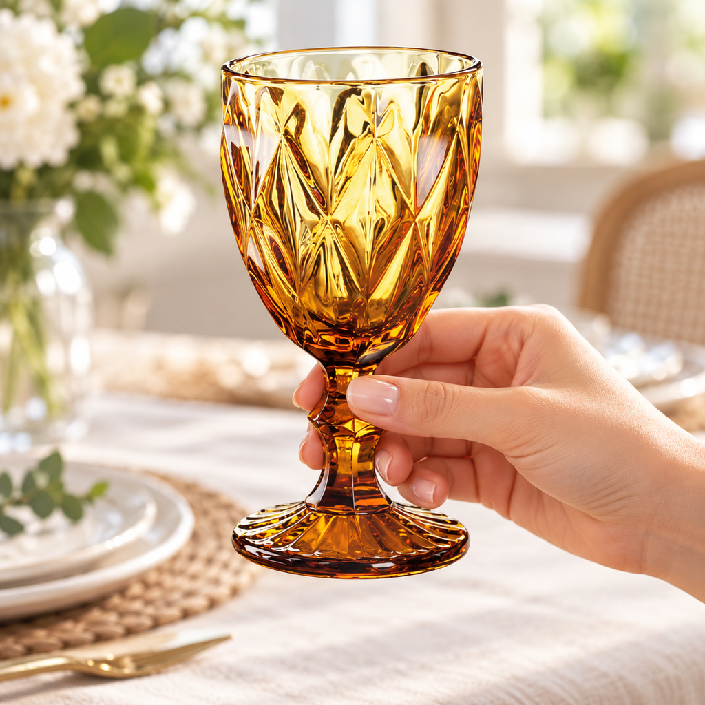 Hand holding the amber goblet from the four-color set, showing its faceted stem and radial foot.