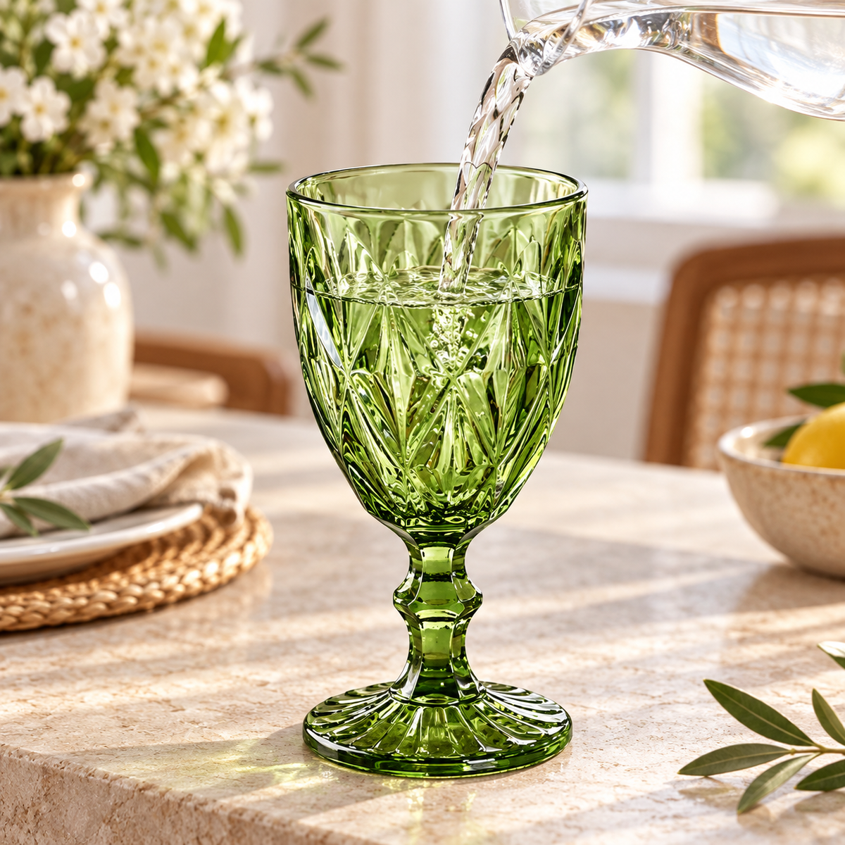 Pouring water into the green goblet from the four-color set; carafe and table accessories are not included.