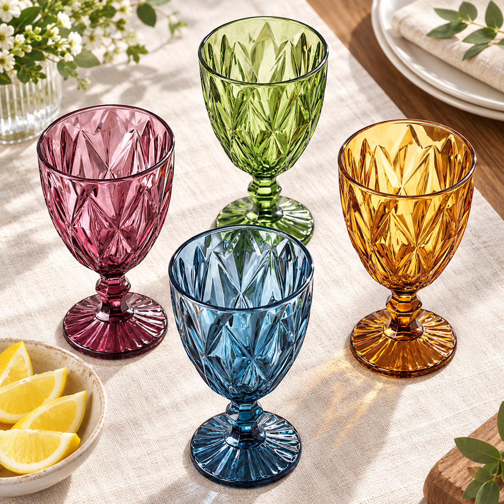 High-angle arrangement of the four colored diamond-textured goblets; lemon and other styling props are not included.