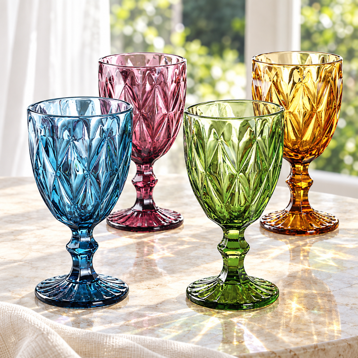 Four diamond-textured stemmed goblets in amber, green, blue and pink-purple; styling surfaces not included.