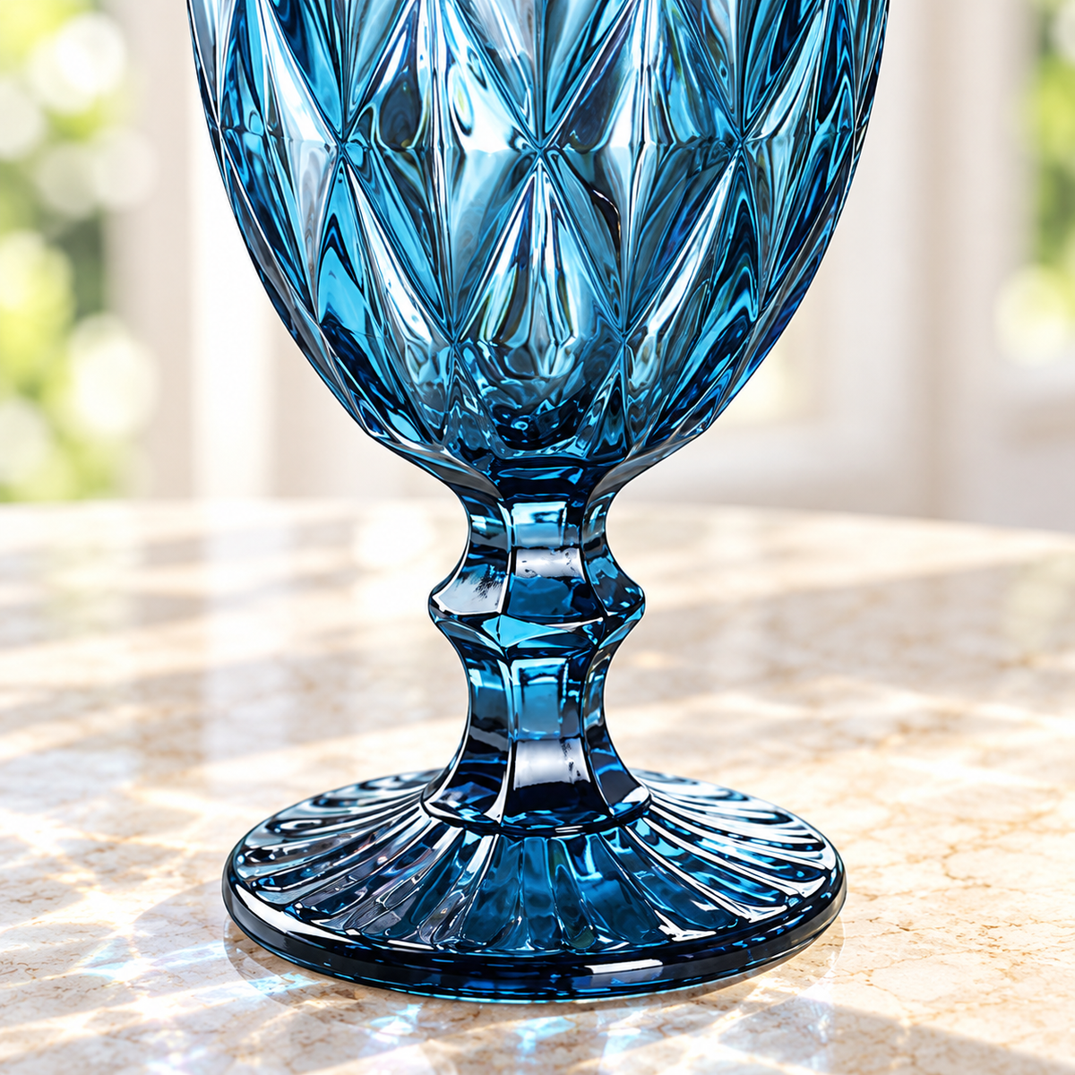 Close view of the diamond-pattern bowl, shaped stem and round foot of one blue goblet from the four-color glass set; styling accessories are not included.
