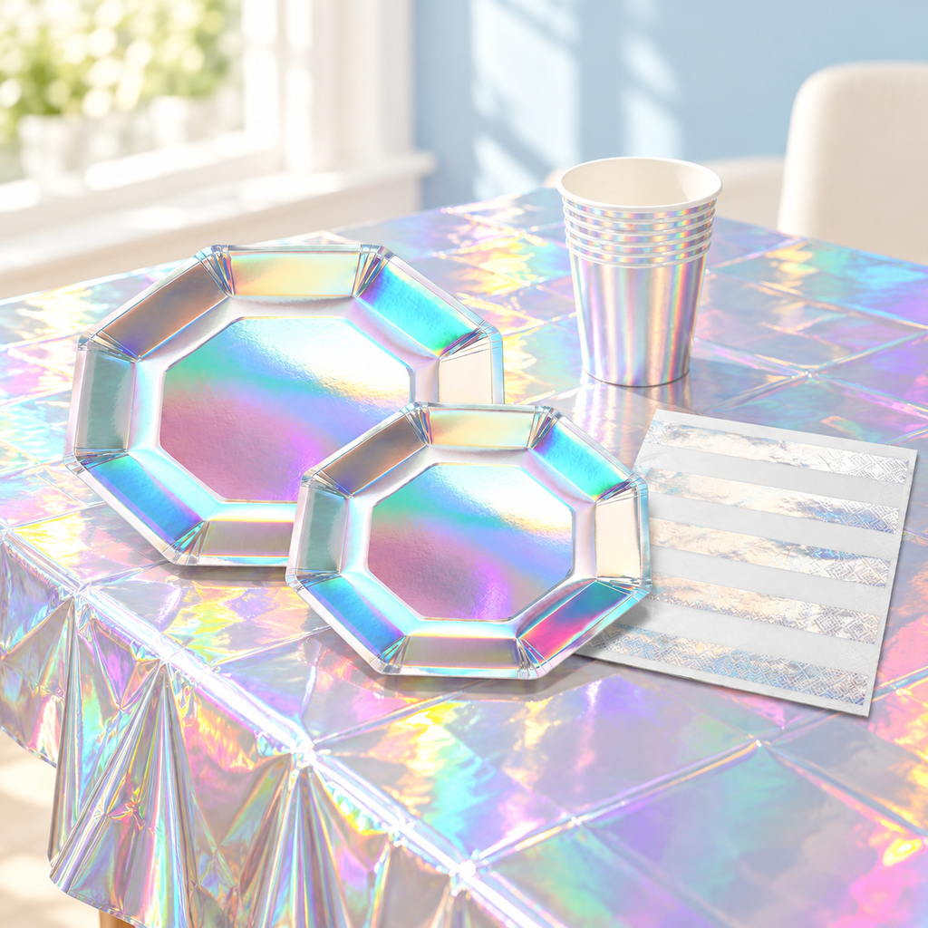 Representative iridescent birthday tableware display with octagonal plates, cups and napkin; not all set pieces shown. Styling props are not included.