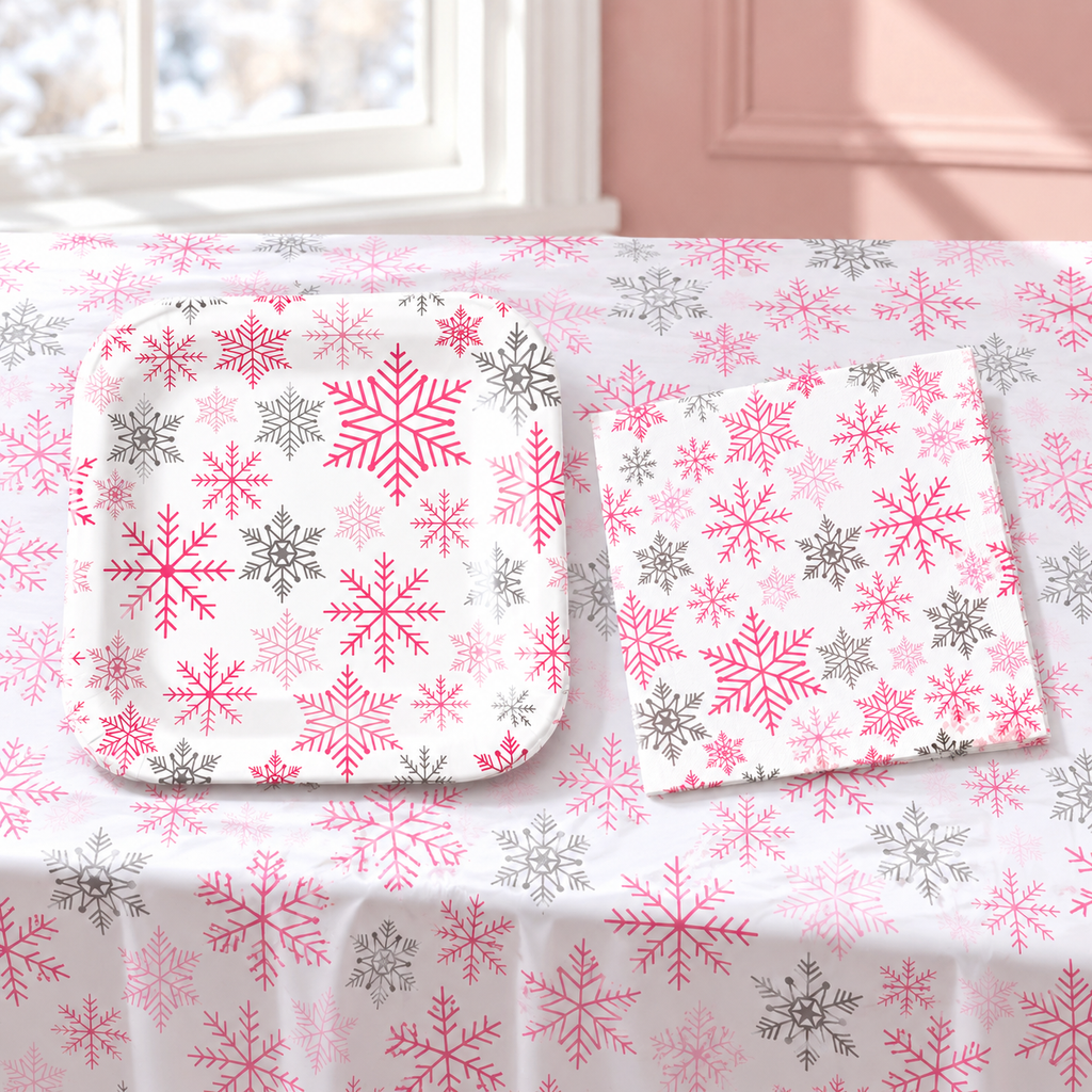 Representative pink snowflake plates and napkins from the 102-piece set; not all pieces shown. Background styling is not included.