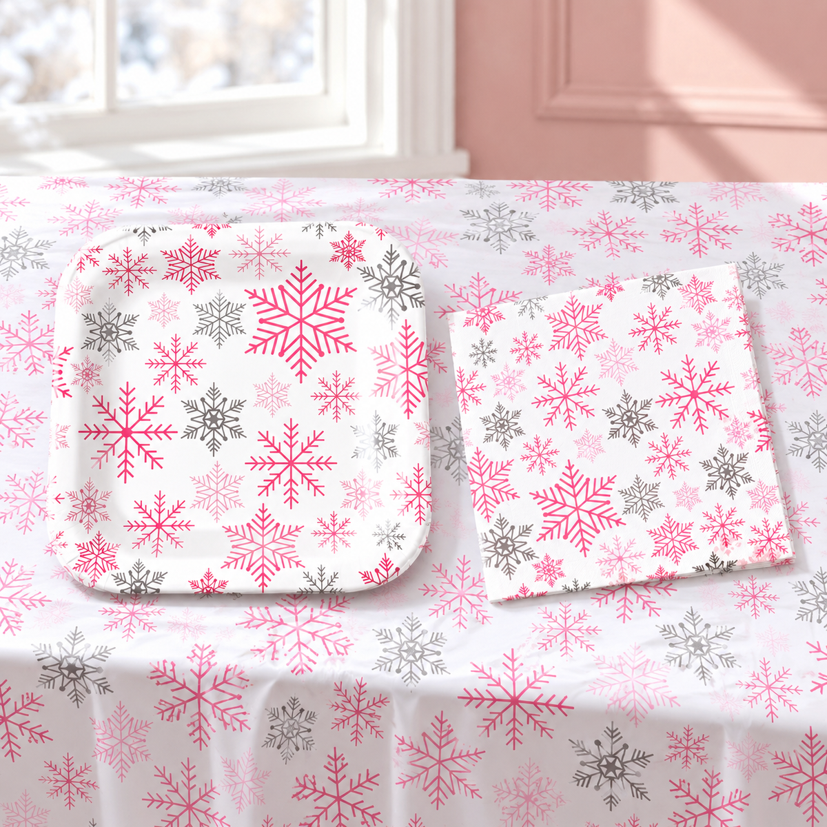 Representative pink snowflake plates and napkins from the 102-piece set; not all pieces shown. Background styling is not included.