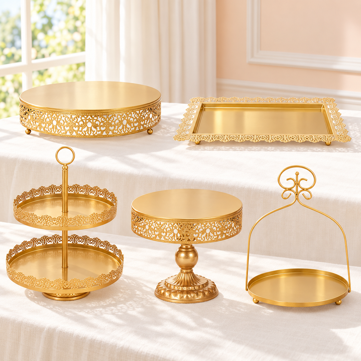 Five-piece gold cake stand and dessert display set in a bright setting; food and background styling are not included.