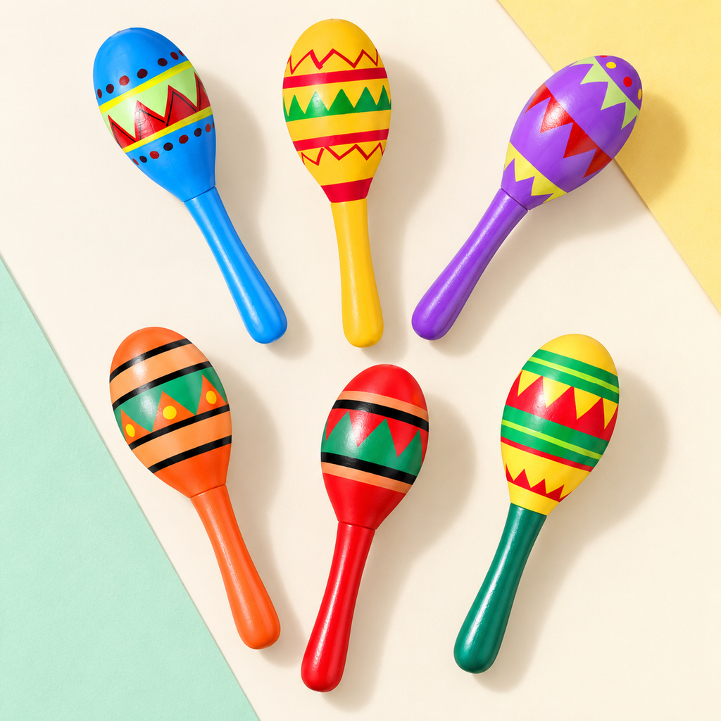 Six representative colorful mini fiesta maracas from the 24-pack; not all pieces shown. Background styling is not included.