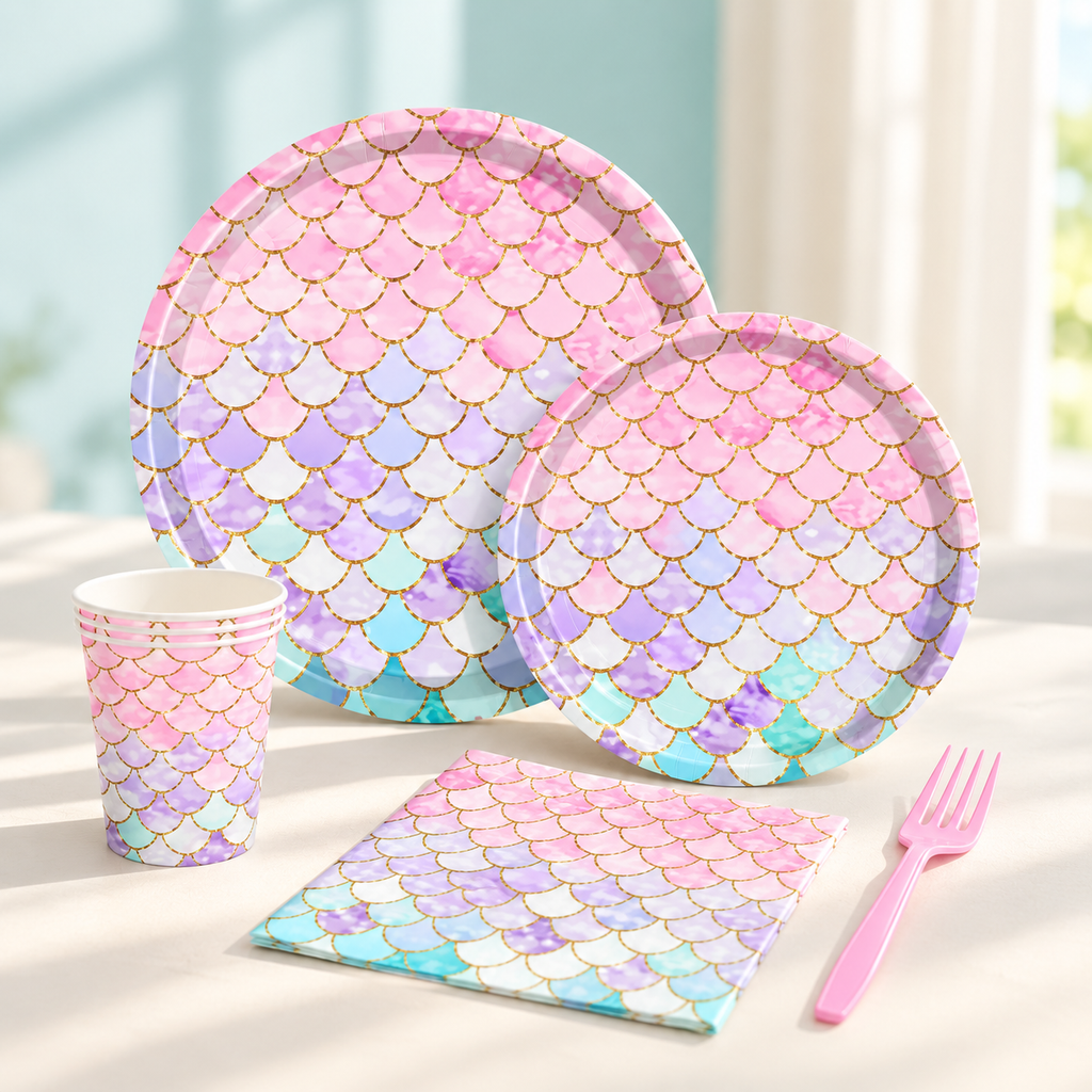 Representative pink mermaid-pattern tableware display from the 121-piece set; not all pieces shown. Styling props are not included.